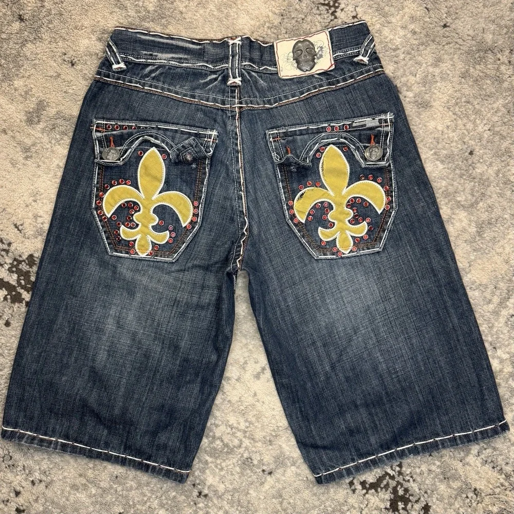 Y2K Laguna Beach Shorts 32 Fleur De Lis Embroidered Denim 2000s Rare